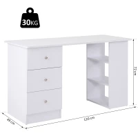HOMCOM Schreibtisch Multimediabüro mit 3 Schubladen 2 Regalen 120L x 49B x 72H cm Weiß(m-3)