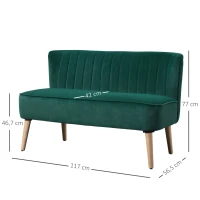 HOMCOM Canapé 2 Places Canapé en Tissu Canapé Capitonné Canapé Double Siège Mobilier de Salon Canapé-Lit en Bois en Polyester Velours Mousse Vert Foncé 117 x 56,5 x 77 cm(m-3)