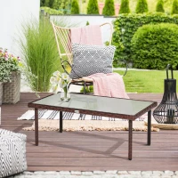 Outsunny Gartencouchtisch mit 5 mm dickem gehärtetem Glasplateau Kunststoffgeflecht in Rattanoptik braun(m-2)