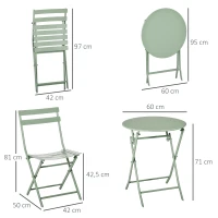 Outsunny Gartenmöbel-Set für 2 Personen - klappbarer Bistro-Gartentisch und Stühle - Bistro-Gartenmöbel-Set - runder Tisch Ø 60 cm mit 2 klappbaren Stühlen - pulverbeschichtetes Metall in Grün(m-3)