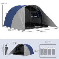 Outsunny Familien-Campingzelt für 3-4 Personen, wasserdicht, leicht, belüftet, einfach aufzubauen, Maße 390L x 315B x 188H cm(m-3)