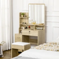 HOMCOM Schminktisch-Set mit Make-up-Tisch, gepolstertem Hocker, großem Spiegel, mehreren offenen Regalen + 4 Schubladen in Naturholz(m-2)