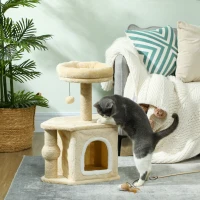 PawHut Arranhador para Gatos com Cama Caverna Plataforma Bola Suspensa e Poste de Juta 42x30x66 cm Marrom e Bege(m-2)