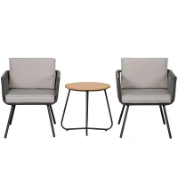 Outsunny Gartenmöbel-Set aus 3-teiligem Kunststoff-Rattan mit Stahlgestell, 2 Sessel + Couchtisch mit Kissen, Grau(m-6)