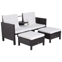 Outsunny Ensemble de Canapé de Jardin 3 pièces Mobilier de Jardin Salon de Jardin Rotin Meubles de Jardin Marron Rotin Synthétique + Métal Canapé 2 Places 2 x Repose-Pieds Coussins(m-6)