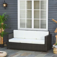 Outsunny Canapé de Jardin 3 Places en Polyrotin avec Coussins - Canapé de Terrasse en Métal et Polyester Marron + Blanc 185 x 70 x 80 cm(m-2)
