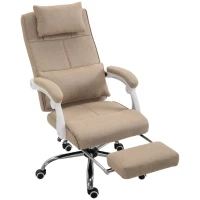 HOMCOM Bürostuhl, ergonomischer Bürostuhl mit klappbarem Fußstütze, neigbarer Rückenlehne, Kopfkissen und Lendenstütze, höhenverstellbar, aus Leinenstoff in Beige(m-1)