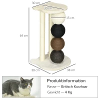 PawHut Poteau à gratter pour chats, arbre à gratter pour chats avec plateforme, poteau à griffer avec 2 poteaux en sisal et 4 balles en sisal, jouet à gratter pour chats, 38 x 38 x 64 cm(m-3)