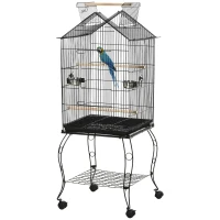PawHut Vogelkäfig auf Ständer mit 2 Futternäpfen Sitzstangen herausnehmbarer Schale Griff und Rollen 50 x 58 x 137/145 cm schwarz(m-1)