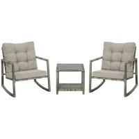 Outsunny Gartenmöbel-Set für 2 Personen 3-teilig 2 Schaukelstühle mit Kissen + Beistelltisch mit gehärteter Glasplatte Rattanoptik Grau(m-6)