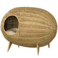 PawHut Erhöhtes Katzenbett mit kuscheligem Korb und Walnusshaus Katzenhöhle mit großem Komfort Abmessungen 55L x 36B x 42H cm Kissen inklusive(m-1)
