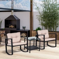 Outsunny 3-teiliges gemütliches Gartenmöbelset 2 Schaukelstühle mit Sitz- und Rückenkissen + Beistelltisch aus gehärtetem Glas Stahlrahmen Kunstharzgeflecht im Rattandesign Schwarz und Braun(m-2)