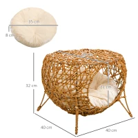 PawHut Katzenhöhle Katzenbett Katzenkorb Katzenhaus aus Rattan mit dickem Kissen Ø 40 x 32 cm Hellbraun(m-3)