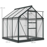 Outsunny Gewächshaus aus Polycarbonat 3,65m² 190 x 192 x 201 cm UV-beständig verstärktes Fundament Regenrinne Grau(m-3)