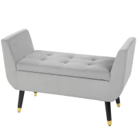 HOMCOM Banc avec espace de rangement et accoudoirs, banc coffre en polyester velouté, bois de caoutchouc, gris clair, 107 x 42 x 65 cm(m-1)
