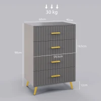 HOMCOM Kommode 4 Schubladen Aufbewahrungsmöbel Schlafzimmer mit goldfarbenen Aluminiumbeinen, 60L x 40B x 90H cm, grau(m-3)