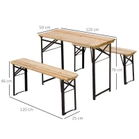 Outsunny Faltbarer Campingtisch mit Picknicktisch + 2 klappbare Bänke aus epoxidbeschichtetem Metall Schwarz Massivholz Fichte(m-3)