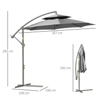 Outsunny Parasol Déporté Ø2,67 x 2,45 m Parasol à manivelle avec Double Toit Base en Croix Acier Protection Solaire en Polyester et Acier Gris Clair(m-3)