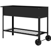 Outsunny Metall-Pflanzschale mit Ständer und Regal 104L x 39B x 80H cm 2 Räder + Bewässerungseinsatz Schwarz(m-1)