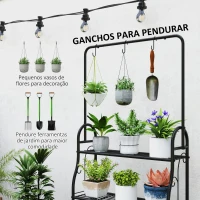 Outsunny Suporte para Plantas de 3 Níveis Suporte para Vasos de Plantas com Ganchos de Metal Barra para Pendurar 75x25x137 cm Preto(m-5)