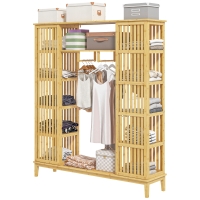 HOMCOM Bambus-Kleiderschrank mit 2 Schiebetüren, Regalen und Stange, großer Schrank für das Schlafzimmer, 145 x 35 x 165cm