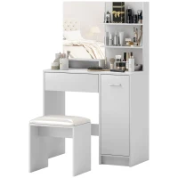 HOMCOM Frisiertisch-Set mit Spiegel und Hocker, Schublade, Aufbewahrungsschrank verstellbares Regal für Schlafzimmer 80l x 40T x 132H cm, weiß(m-1)