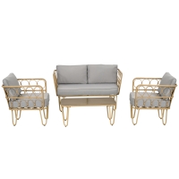 Outsunny Gartenmöbel-Set 2-Sitzer-Sofa + 2 Sessel + 1 Couchtisch mit gehärteter Glasplatte 7 Kissen Beige