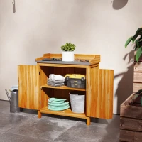 Outsunny Pflanztisch-Werkbank mit 2 Regalen, verzinktes Tablett, rutschfeste Gummifüße aus Tannenholz(m-2)