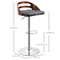 HOMCOM Set mit 2 zeitgenössischen Design-Barhockern Höhenverstellbar 360° drehbar synthetisches Leder Schwarz Rückenlehne mit Holzoptik(m-3)