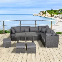 Outsunny Ensemble de salon de jardin 10 pièces en rotin, avec coussins de siège et de dossier, cadre en métal inoxydable, gris foncé(m-2)