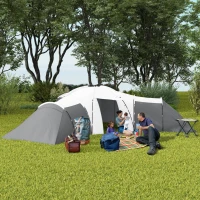 Outsunny Tente de camping pour 6-9 personnes, 4 pièces, véranda, étanche, 615x 615x225cm, Gris(m-2)
