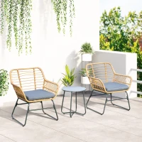 Outsunny Gartenbistro-Set für 2 Personen 3 Teile Exotischer Stil 2 Sessel + Couchtisch Polyethylen Rattanimitation Beige Stahl Grau(m-2)