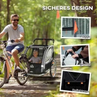 HOMCOM Kinderfietskar/Duwwagen met Remmen, Opvouwbaar, voor 2 Kinderen, Grijs/Zwart(m-8)