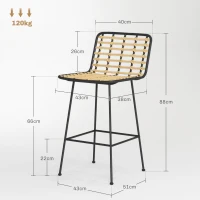 HOMCOM Lot de 2 Tabourets Barhocker Design Bohème Höhe 66 cm mit schwarzer Stahl-Fußstütze und PE-Rattansitz(m-3)