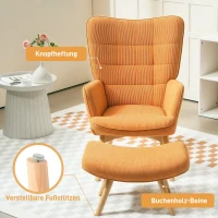 HOMCOM Accentstoel met Kruk, Relaxstoel in Corduroy-Look, Stoel met Armleuningen en Houten Poten, voor Woonkamer, Bruin(m-5)