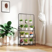 Outsunny Suporte para Plantas de 3 Níveis Suporte para Vasos de Plantas com Ganchos de Metal Barra para Pendurar 75x25x137 cm Preto(m-7)