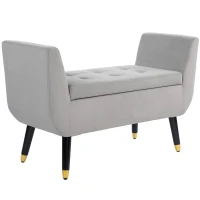 HOMCOM Banc avec espace de rangement et accoudoirs, banc coffre en polyester velouté, bois de caoutchouc, gris clair, 107 x 42 x 65 cm(m-6)
