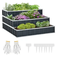 Outsunny Jardin surélevé en acier à 3 niveaux avec panneaux de plantes en forme de T, gants, lit de plantation d'herbes, escalier de fleurs pour balcon jardin Gris foncé 118 x 118 x 62 cm(m-6)