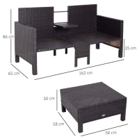 Outsunny Ensemble de Canapé de Jardin 3 pièces Mobilier de Jardin Salon de Jardin Rotin Meubles de Jardin Marron Rotin Synthétique + Métal Canapé 2 Places 2 x Repose-Pieds Coussins(m-3)