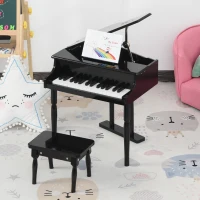HOMCOM Miniatur-Flügelpiano aus Holz für Kinder mit 30 Tasten - inkl. Hocker und Notenpult - MDF Schwarz(m-2)
