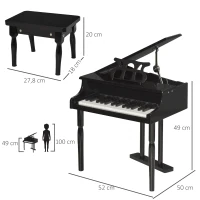 HOMCOM Miniatur-Flügelpiano aus Holz für Kinder mit 30 Tasten - inkl. Hocker und Notenpult - MDF Schwarz(m-3)