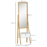 HOMCOM Freistehender Spiegel mit Schubladen-Aufbewahrung aus Bambus und MDF - Maße 45L x 30B x 160H cm - Weiß und Natur(m-3)