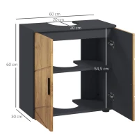 kleankin Waschbeckenunterschrank für Badezimmer, 2 Türen mit Regal, 60 x 30 x 60 cm, Anthrazitgrau und Holzoptik(m-3)