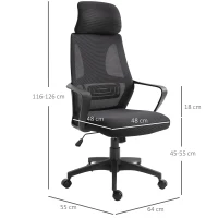 Vinsetto Scaun de Birou Ergonomic cu Brațe și Tetieră Reglabilă, Scaun Pivotant cu Suport Lombar, 64x55x116-126 cm, Negru(m-3)