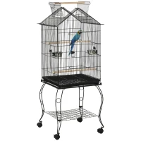 PawHut Vogelkäfig auf Ständer mit 2 Futternäpfen Sitzstangen herausnehmbarer Schale Griff und Rollen 50 x 58 x 137/145 cm schwarz(m-6)