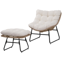 Outsunny Garten-Liegestuhl mit passendem Hocker aus Epoxid-Metall und Polyrattan in Rattan-Optik mit weichen Kissen - Natur