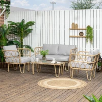 Outsunny Gartenmöbel-Set 2-Sitzer-Sofa + 2 Sessel + 1 Couchtisch mit gehärteter Glasplatte 7 Kissen Beige(m-2)