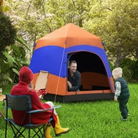 Outsunny Tente Quick-Up Double Paroi Tente Familiale de Camping Pop-Up pour 4 à 6 Personnes 4 Saisons étanche avec Sac de Transport Moustiquaire 2 Portes Polyester + Fibre de Verre Orange + Bleu 275 x 275 x 170 cm(m-2)