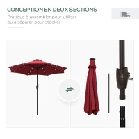 Outsunny Garten-Sonnenschirm Gerader Sonnenschirm Neigbarer oktogonaler ø 2,7 m LED-Solarsonnenschirm Metall Hochdichtes 180 g/m² Polyester Bordeaux Rot(m-4)