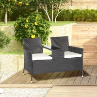 Outsunny Banc de Jardin en Rotin Synthétique Canapé de Jardin Banquette avec Table 2 Places en Acier Noir L133 x P63 x H84cm(m-2)